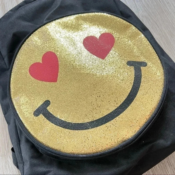 BACKPACK SMILEY  FACE BLACK GOLD LOVE IT - Picture 10 of 12